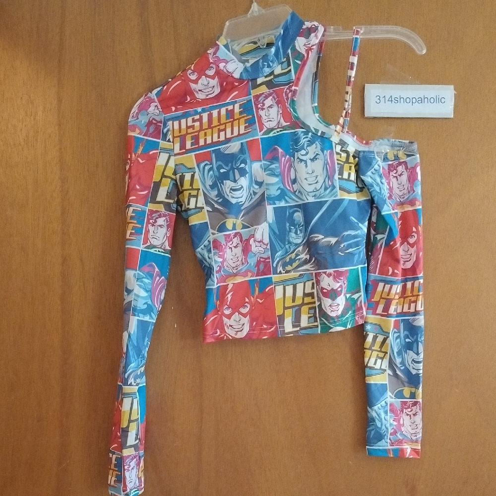 Womens Multicolor Off-The-Sleeve Justice League Top